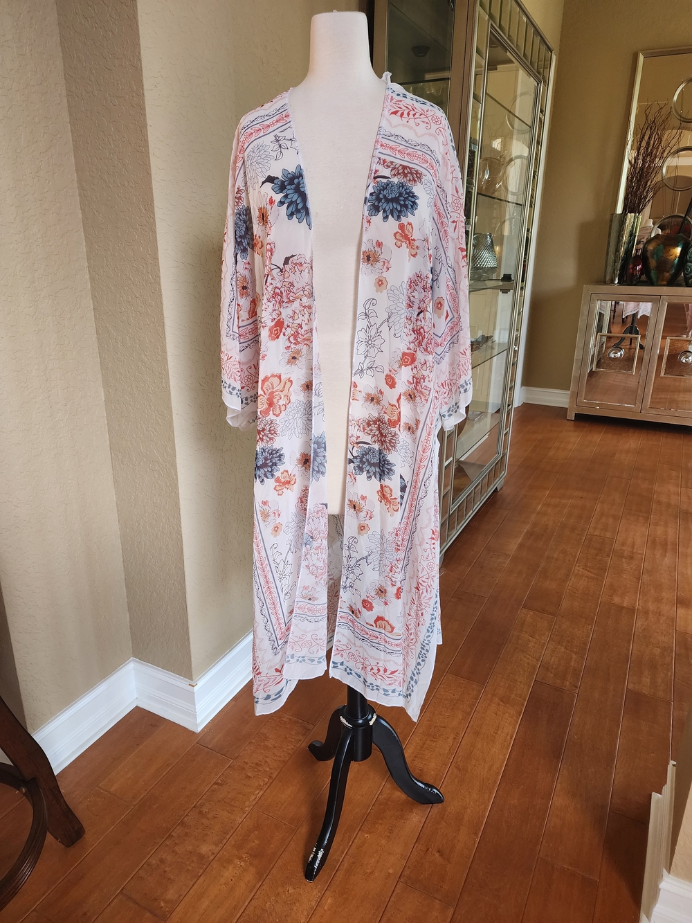Floral Printed Open Kimono - White with Blue & Rust Accents